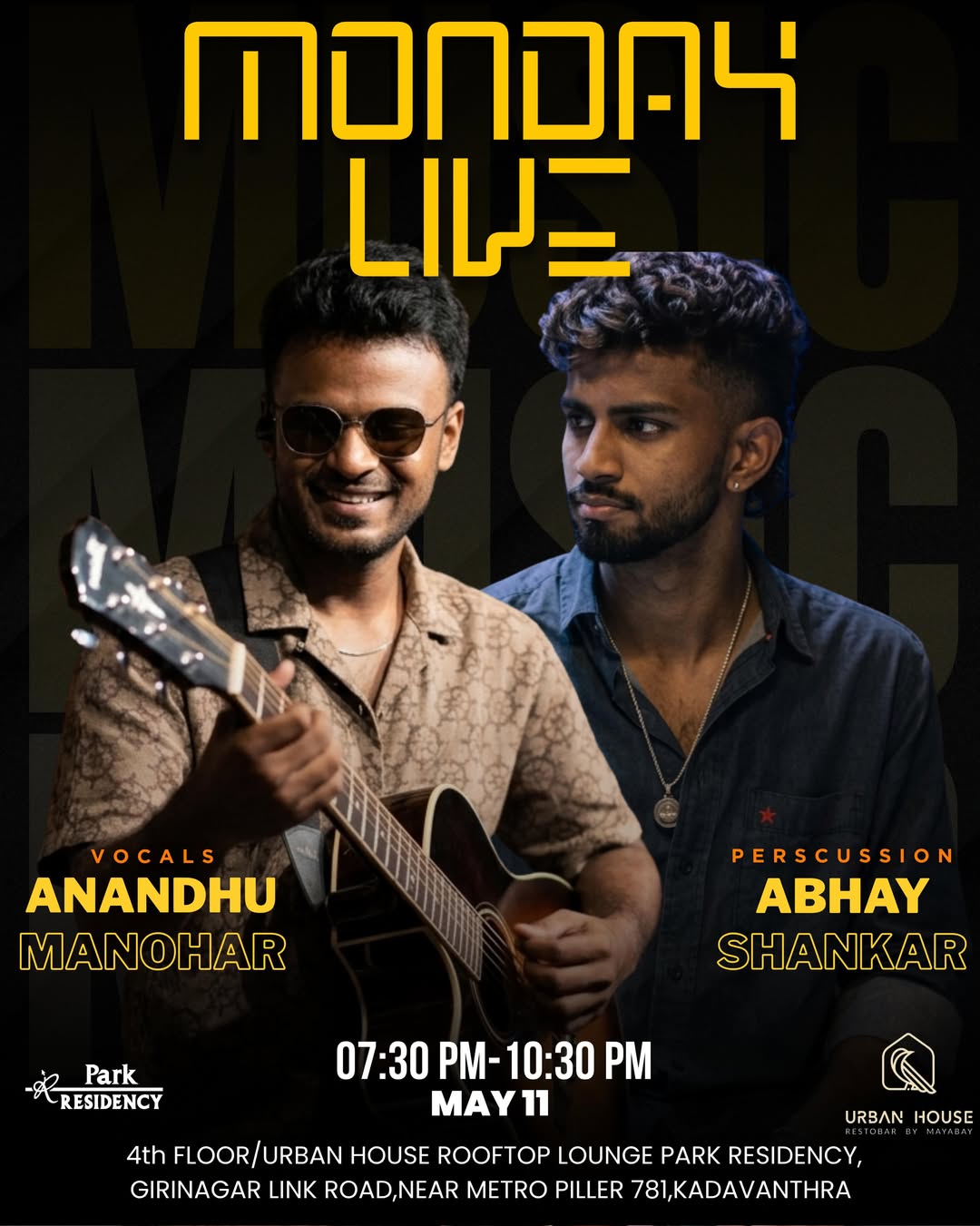 Monday Live β Acoustic Music Night Ft. Anandhu Manohar & Abhay Shankar | Urban House Rooftop Lounge, Park Residency, Kadavanthra, Kochi