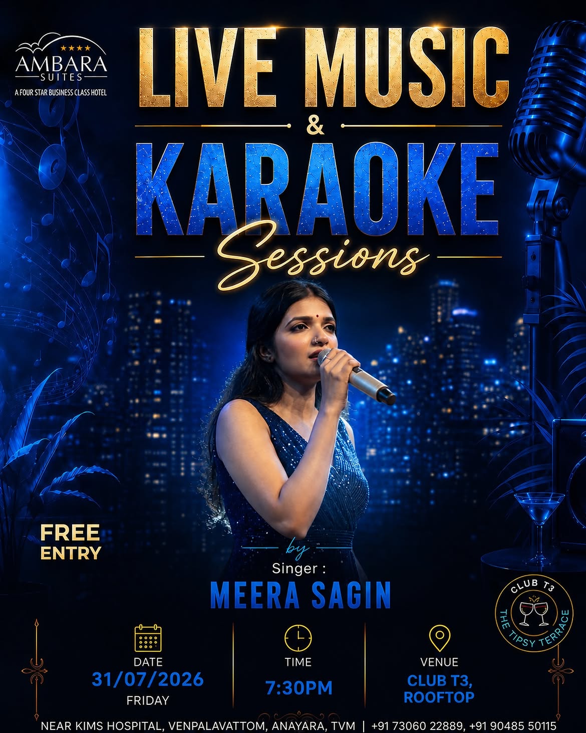 Live Music & Karaoke Sessions by Meera Sagin | Club T3, Ambarā Suites, Venpalavattom, Trivandrum