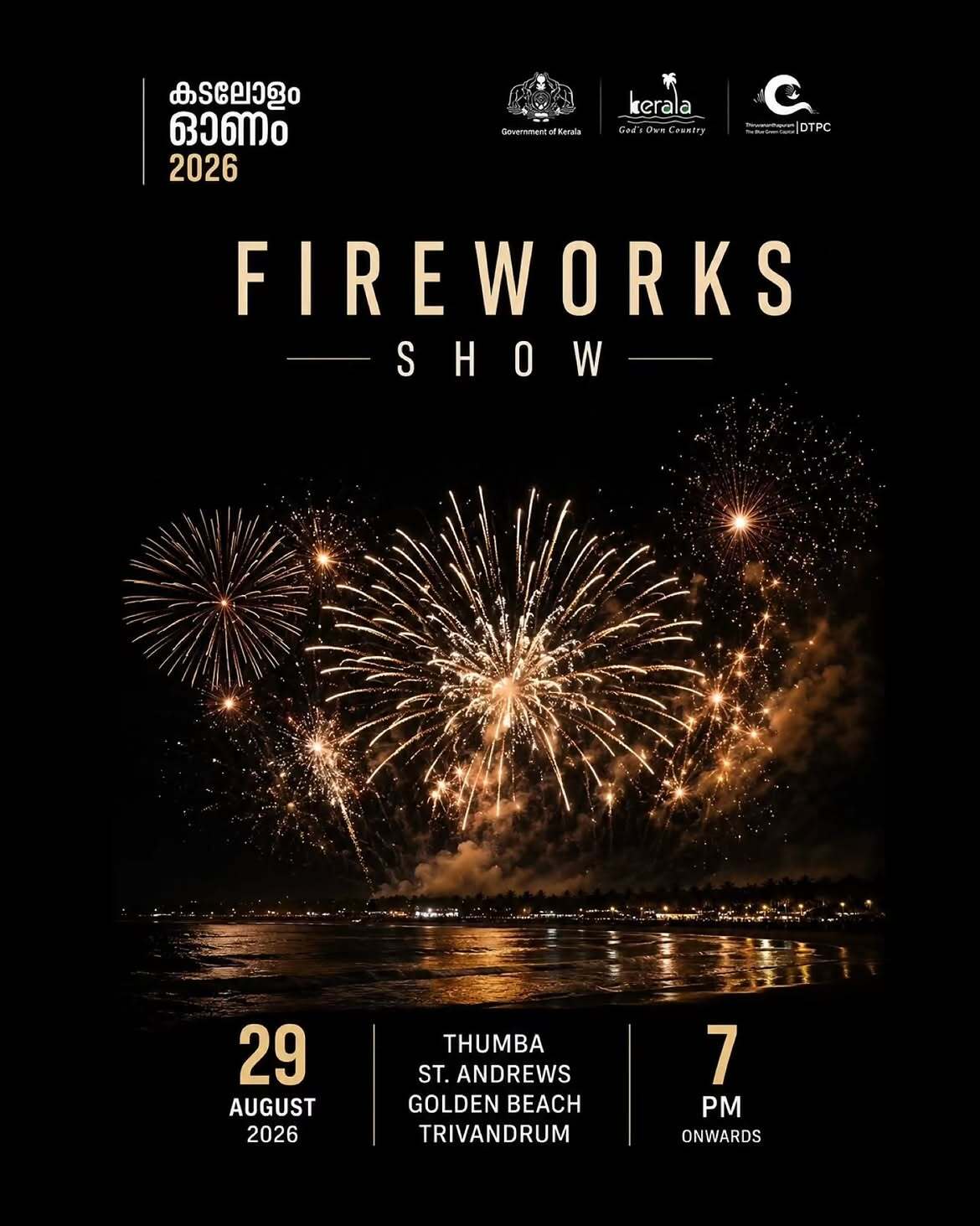 കടലോളം ഓണം 2026 – FIREWORKS SHOW | Thumba St. Andrews Golden Beach, Menamkulam, Thiruvananthapuram